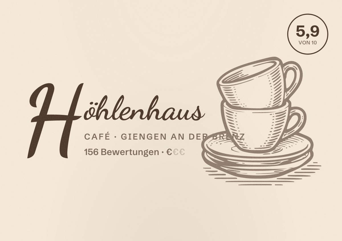 Illustriertes Poster von Höhlenhaus, Café in Giengen an der Brenz: Bewertung 5,9 von 10 aus 156 Bewertungen, Preisniveau €