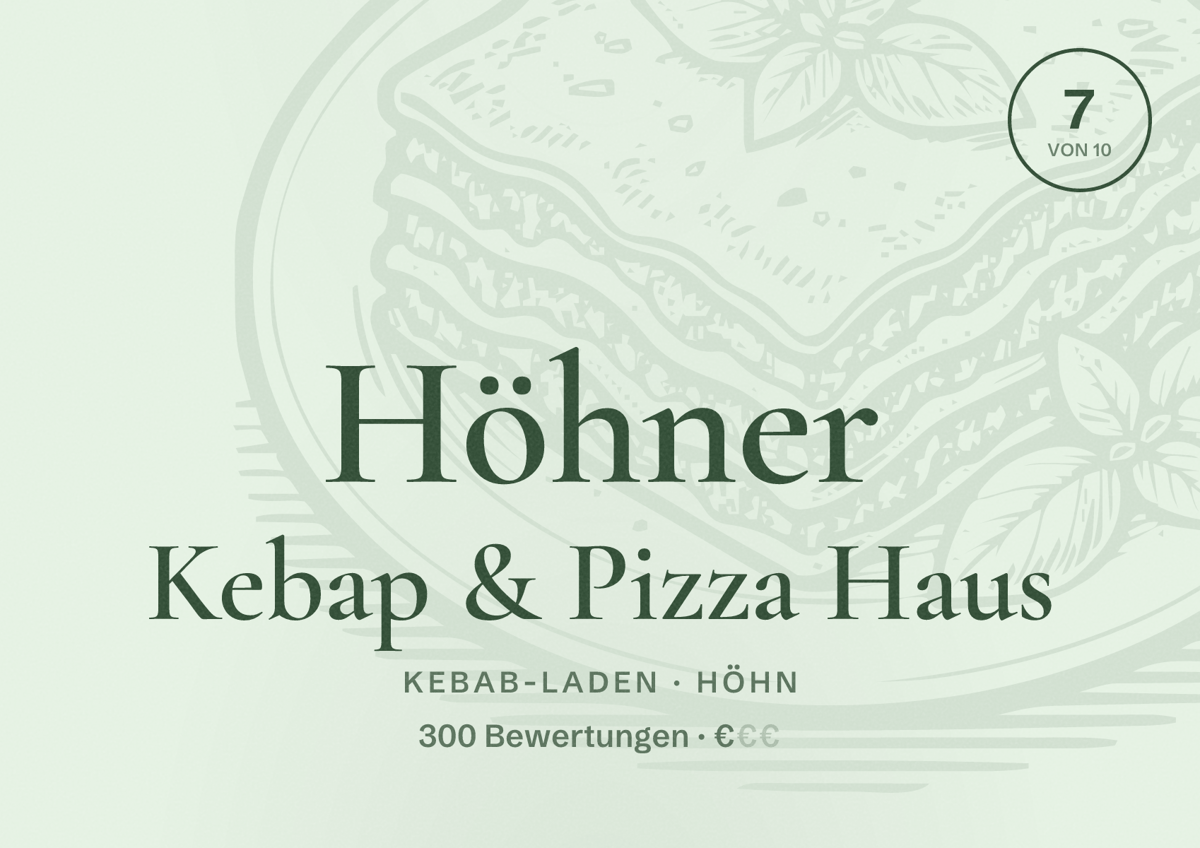 Illustriertes Poster von Höhner Kebap & Pizza Haus, Kebab-Laden in Höhn: Bewertung 7 von 10 aus 300 Bewertungen, Preisniveau €