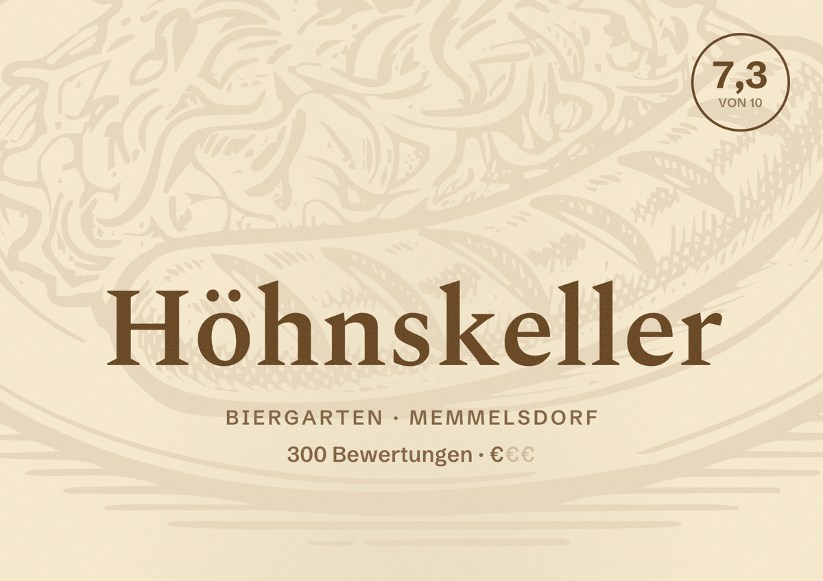 Illustriertes Poster von Höhnskeller, Biergarten in Memmelsdorf: Bewertung 7,3 von 10 aus 300 Bewertungen, Preisniveau €