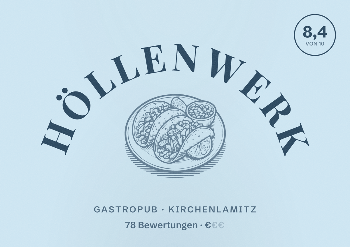Illustriertes Poster von Höllenwerk, Gastropub in Kirchenlamitz: Bewertung 8,4 von 10 aus 78 Bewertungen, Preisniveau €