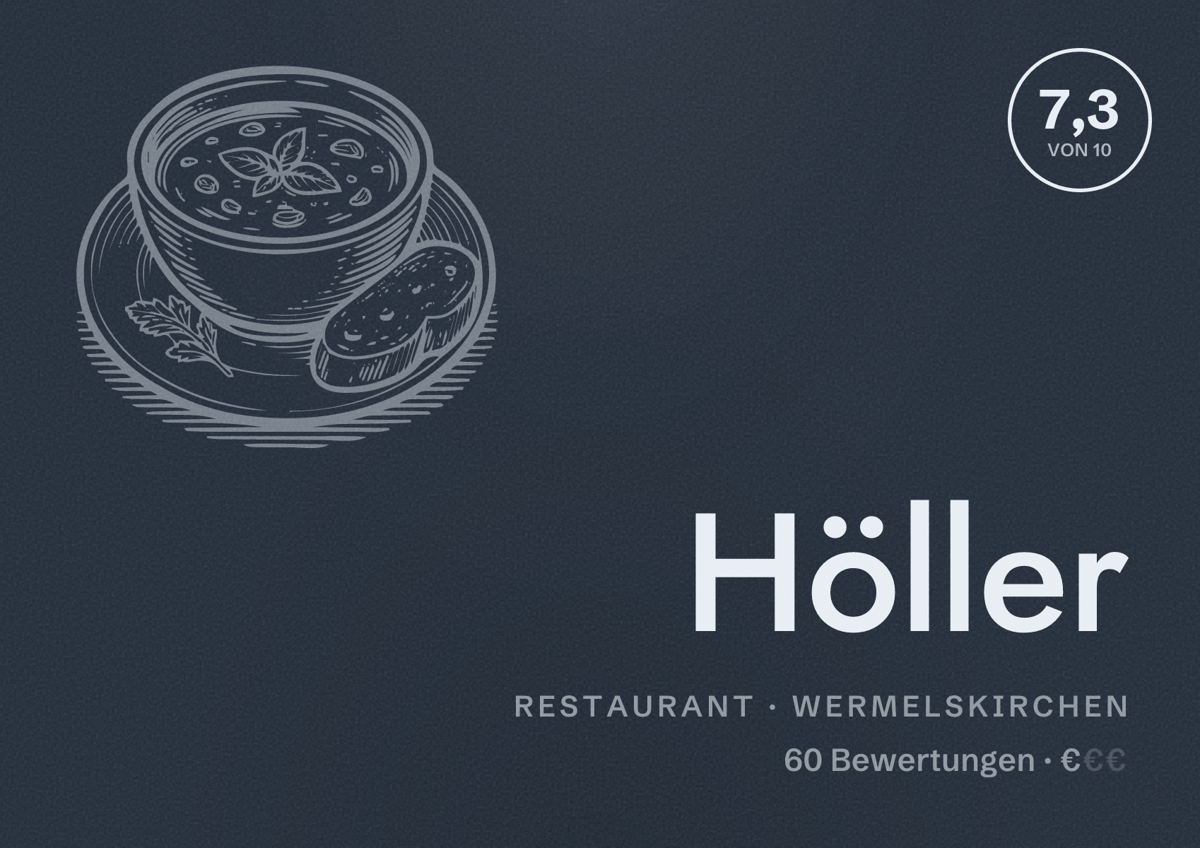 Illustriertes Poster von Höller, Restaurant in Wermelskirchen: Bewertung 7,3 von 10 aus 60 Bewertungen, Preisniveau €