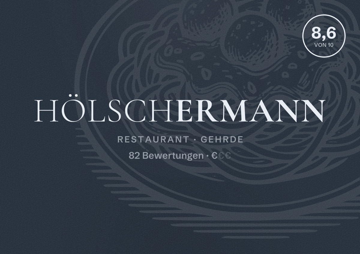 Illustriertes Poster von Hölschermann, Restaurant in Gehrde: Bewertung 8,6 von 10 aus 82 Bewertungen, Preisniveau €