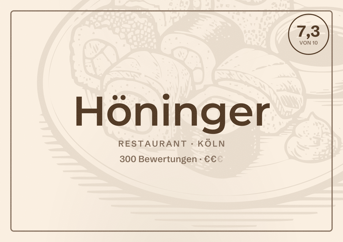 Illustriertes Poster von Höninger, Restaurant in Köln: Bewertung 7,3 von 10 aus 300 Bewertungen, Preisniveau €€
