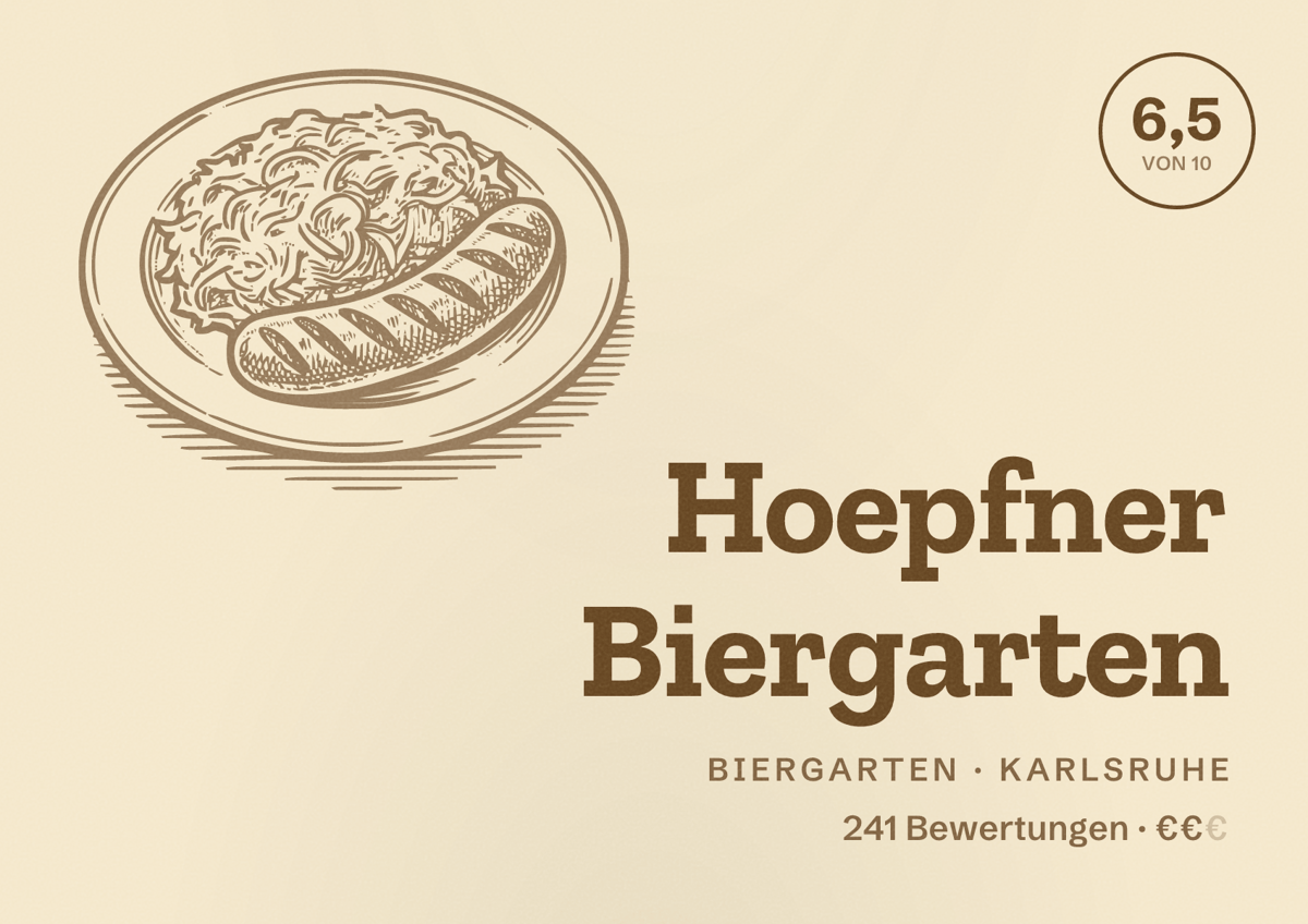 Illustriertes Poster von Hoepfner Biergarten, Biergarten in Karlsruhe: Bewertung 6,5 von 10 aus 241 Bewertungen, Preisniveau €€