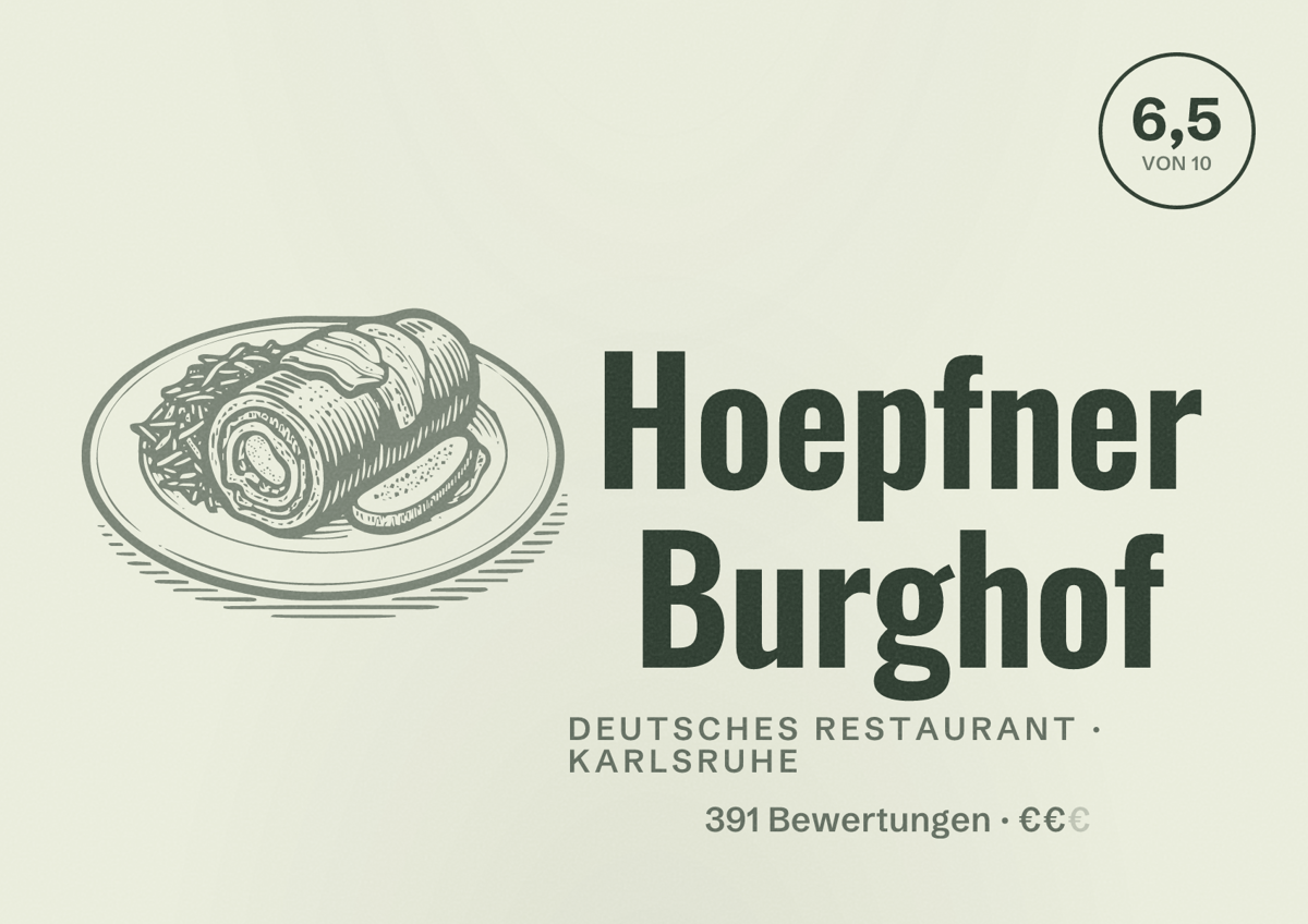 Illustriertes Poster von Hoepfner Burghof, Deutsches Restaurant in Karlsruhe: Bewertung 6,5 von 10 aus 391 Bewertungen, Preisniveau €€