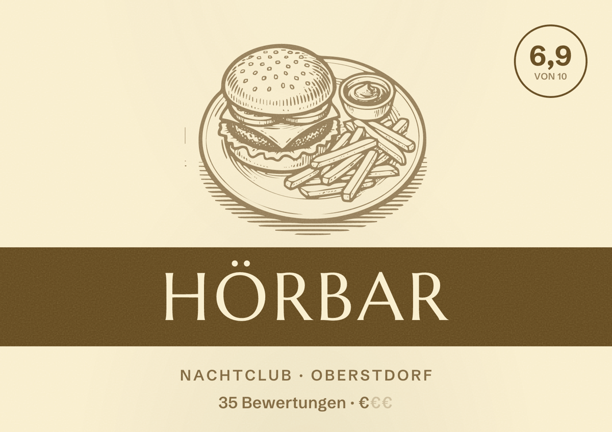Illustriertes Poster von Hörbar, Nachtclub in Oberstdorf: Bewertung 6,9 von 10 aus 35 Bewertungen, Preisniveau €
