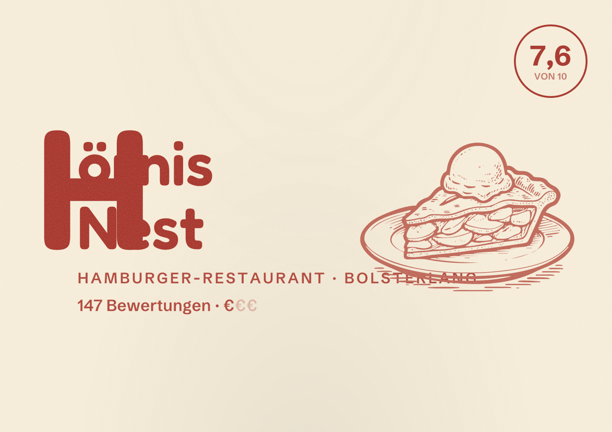 Illustriertes Poster von Hörnis Nest, Hamburger-Restaurant in Bolsterlang: Bewertung 7,6 von 10 aus 147 Bewertungen, Preisniveau €