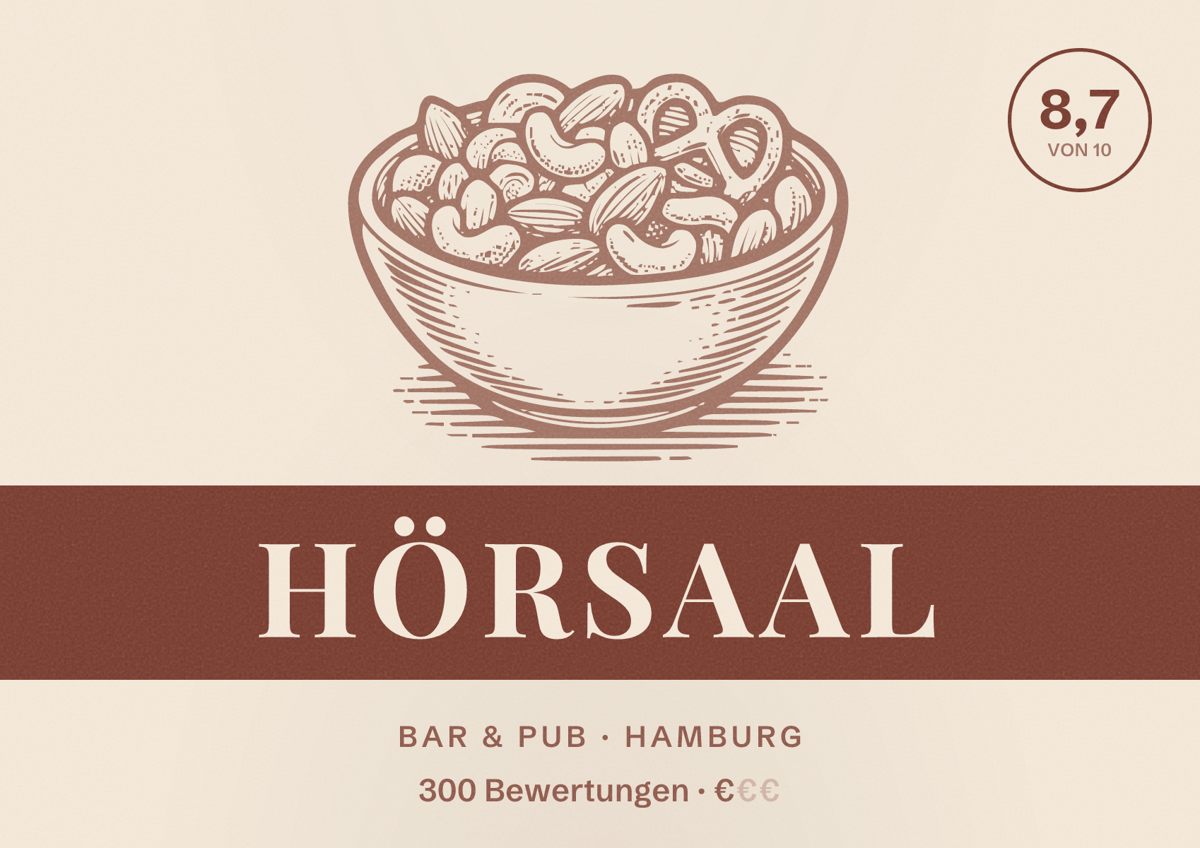 Illustriertes Poster von Hörsaal, Bar & Pub in Hamburg: Bewertung 8,7 von 10 aus 300 Bewertungen, Preisniveau €