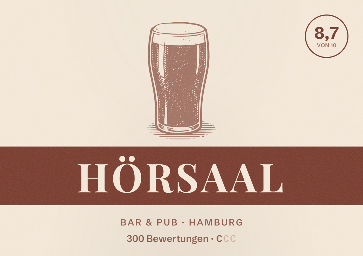 Illustriertes Poster von Hörsaal, Bar & Pub in Hamburg: Bewertung 8,7 von 10 aus 300 Bewertungen, Preisniveau €