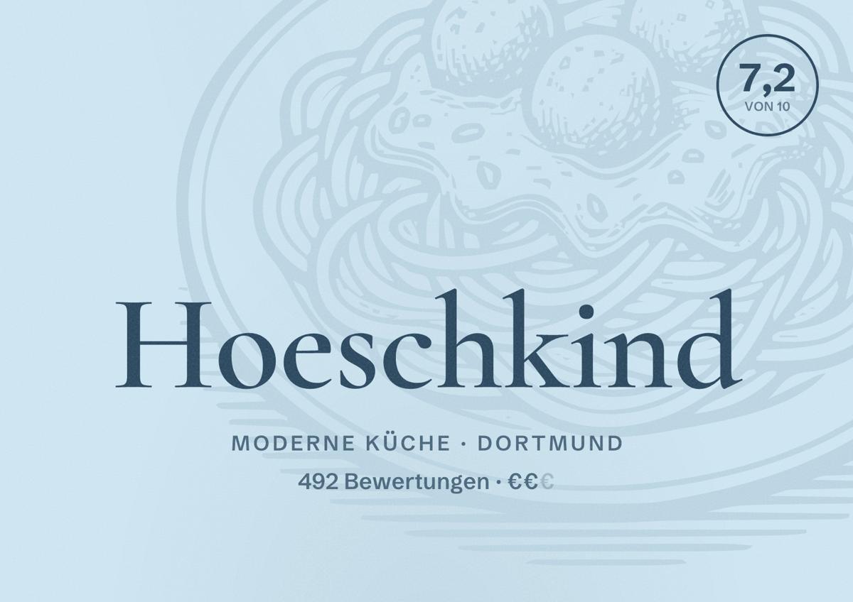 Illustriertes Poster von Hoeschkind, Moderne Küche in Dortmund: Bewertung 7,2 von 10 aus 492 Bewertungen, Preisniveau €€
