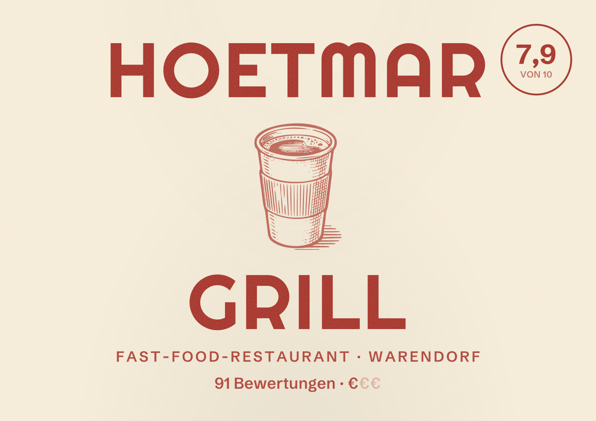 Illustriertes Poster von Hoetmar Grill, Fast-Food-Restaurant in Warendorf: Bewertung 7,9 von 10 aus 91 Bewertungen, Preisniveau €