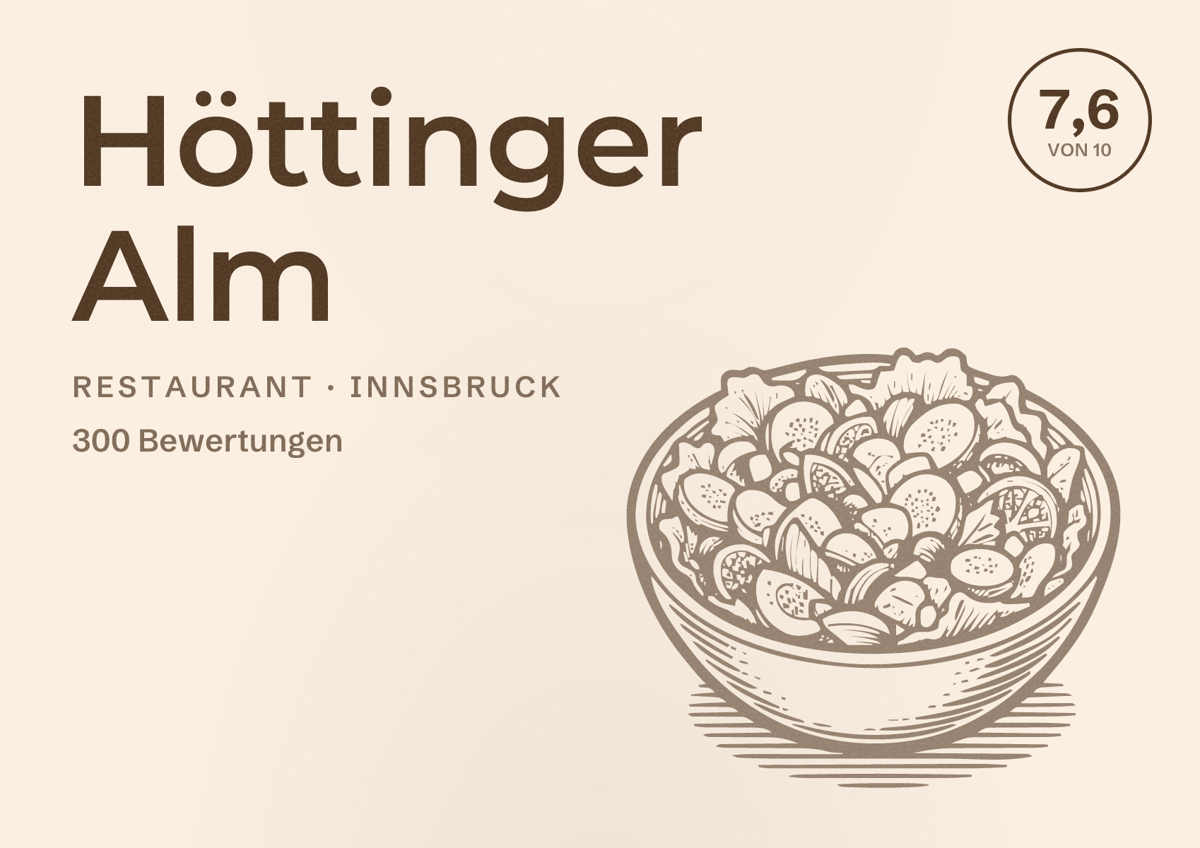 Illustriertes Poster von Höttinger Alm, Restaurant in Innsbruck: Bewertung 7,6 von 10 aus 300 Bewertungen