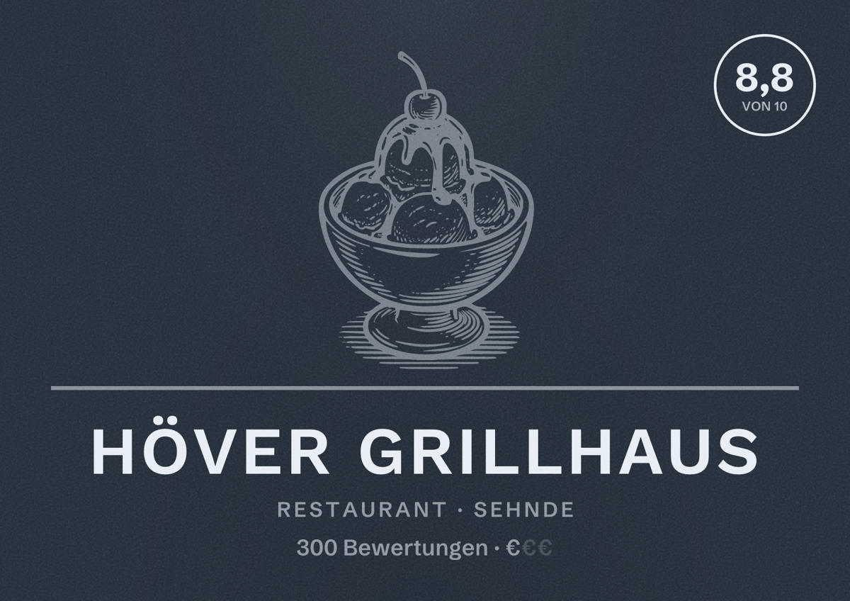 Illustriertes Poster von Höver Grillhaus, Restaurant in Sehnde: Bewertung 8,8 von 10 aus 300 Bewertungen, Preisniveau €