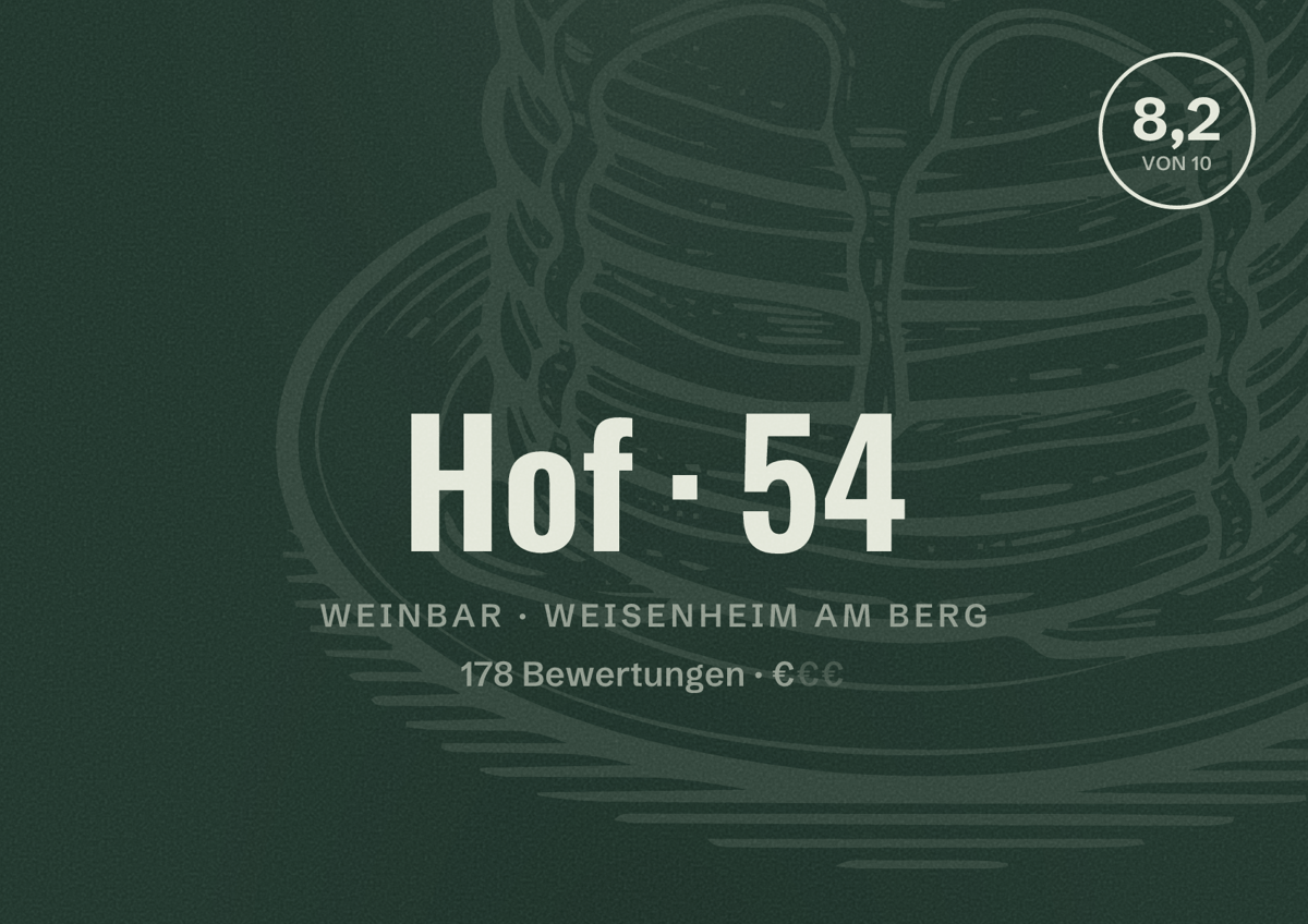 Illustriertes Poster von Hof 54, Weinbar in Weisenheim am Berg: Bewertung 8,2 von 10 aus 178 Bewertungen, Preisniveau €