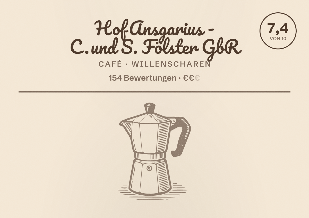 Illustriertes Poster von Hof Ansgarius - C. und S. Fölster GbR, Café in Willenscharen: Bewertung 7,4 von 10 aus 154 Bewertungen, Preisniveau €€
