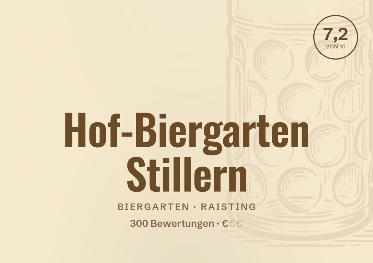 Illustriertes Poster von Hof-Biergarten Stillern, Biergarten in Raisting: Bewertung 7,2 von 10 aus 300 Bewertungen, Preisniveau €