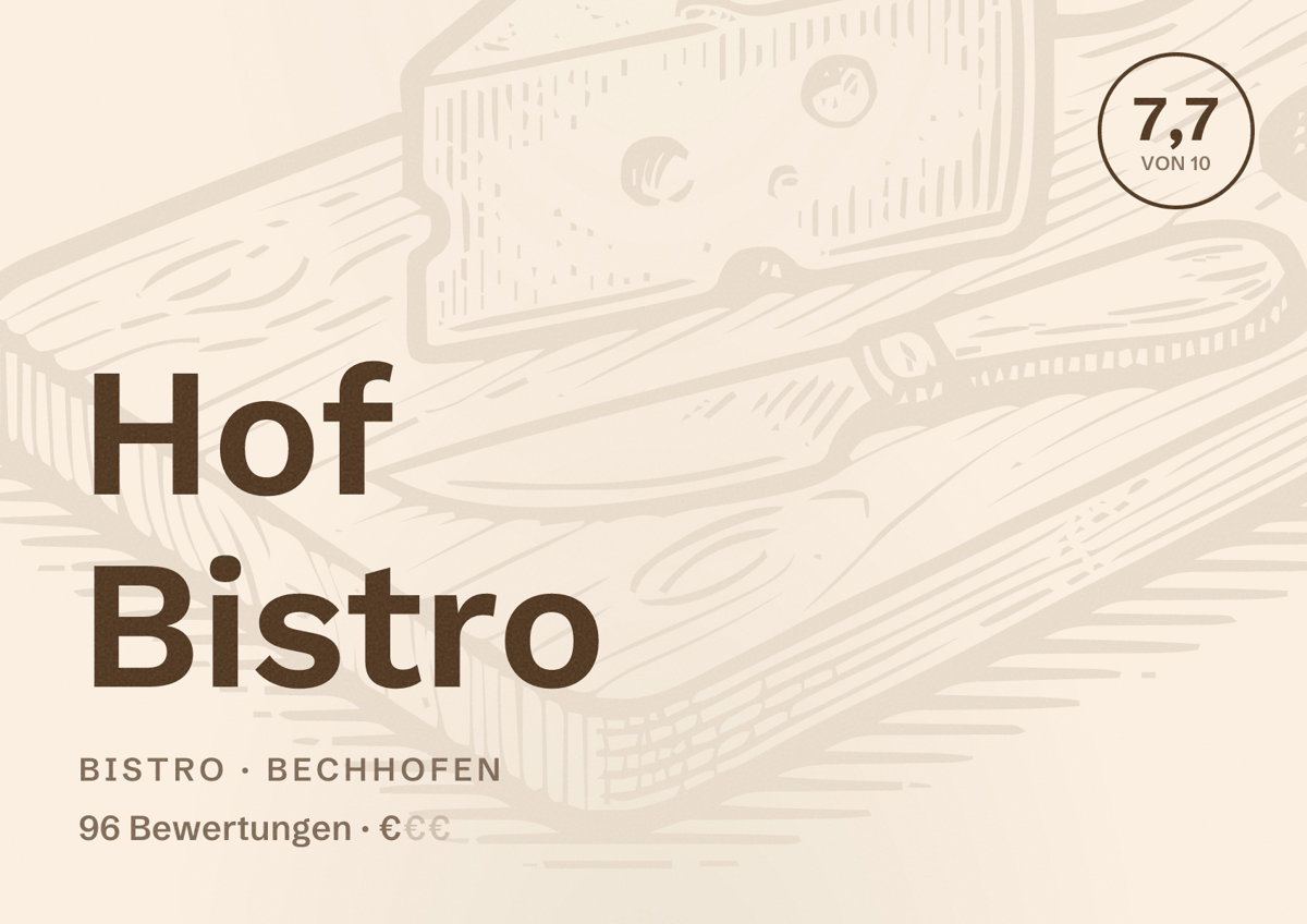 Illustriertes Poster von Hof Bistro, Bistro in Bechhofen: Bewertung 7,7 von 10 aus 96 Bewertungen, Preisniveau €
