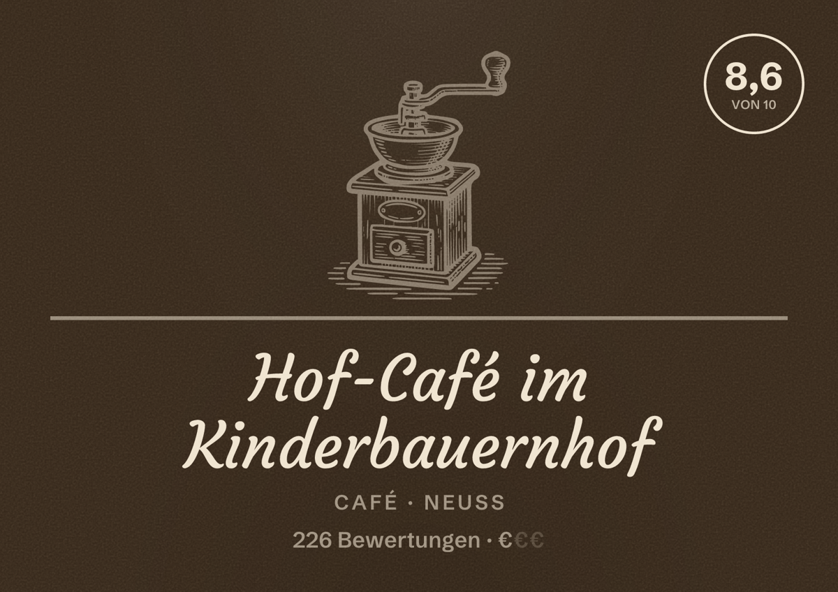 Illustriertes Poster von Hof-Café im Kinderbauernhof, Café in Neuss: Bewertung 8,6 von 10 aus 226 Bewertungen, Preisniveau €