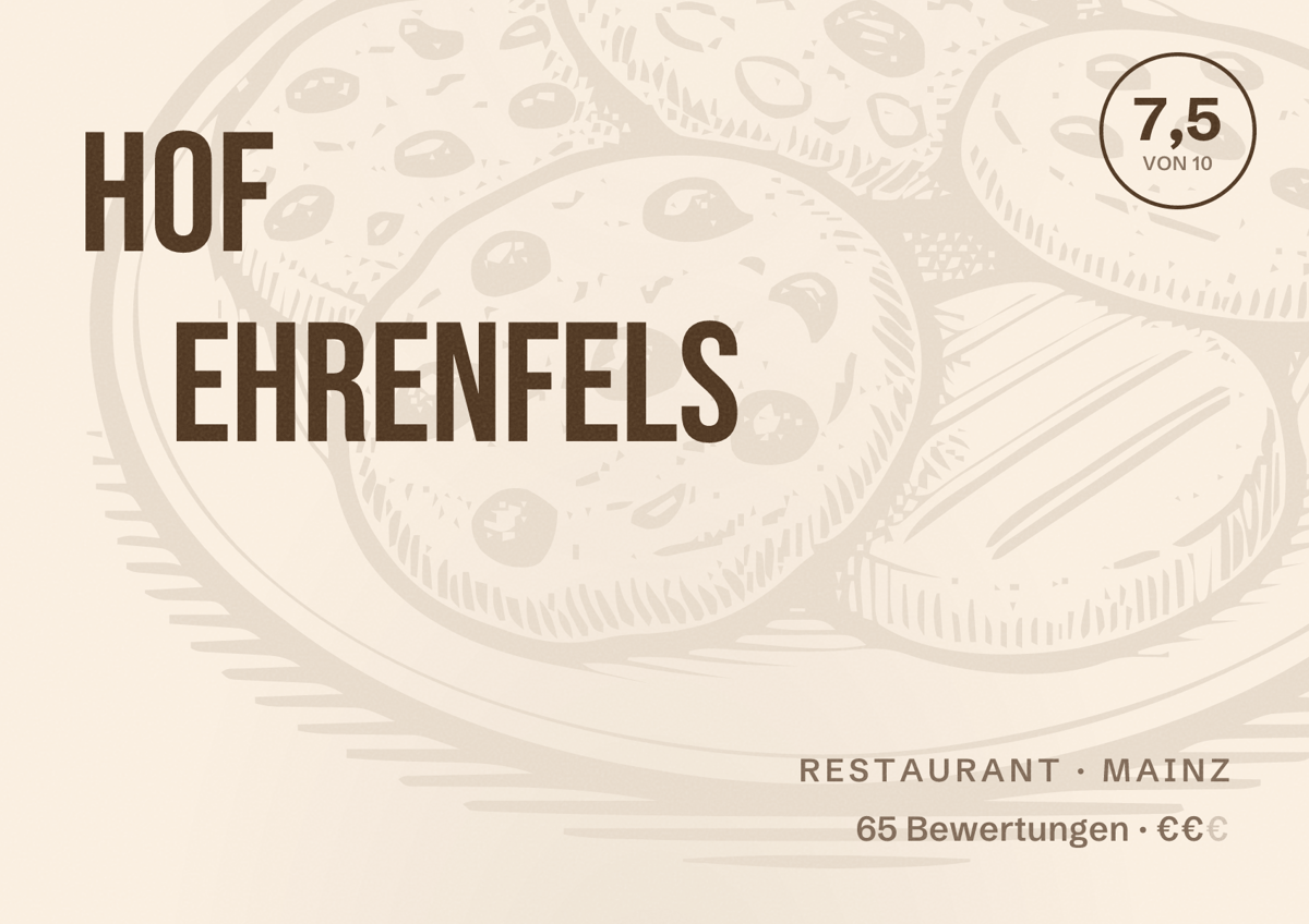 Illustriertes Poster von Hof Ehrenfels, Restaurant in Mainz: Bewertung 7,5 von 10 aus 65 Bewertungen, Preisniveau €€