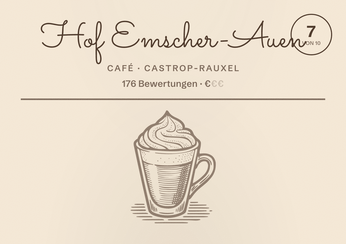 Illustriertes Poster von Hof Emscher-Auen, Café in Castrop-Rauxel: Bewertung 7 von 10 aus 176 Bewertungen, Preisniveau €
