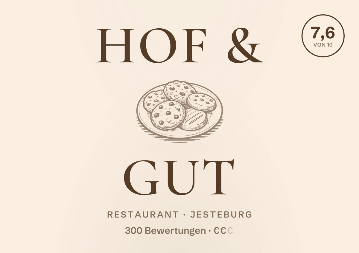 Illustriertes Poster von Hof & Gut, Restaurant in Jesteburg: Bewertung 7,6 von 10 aus 300 Bewertungen, Preisniveau €€