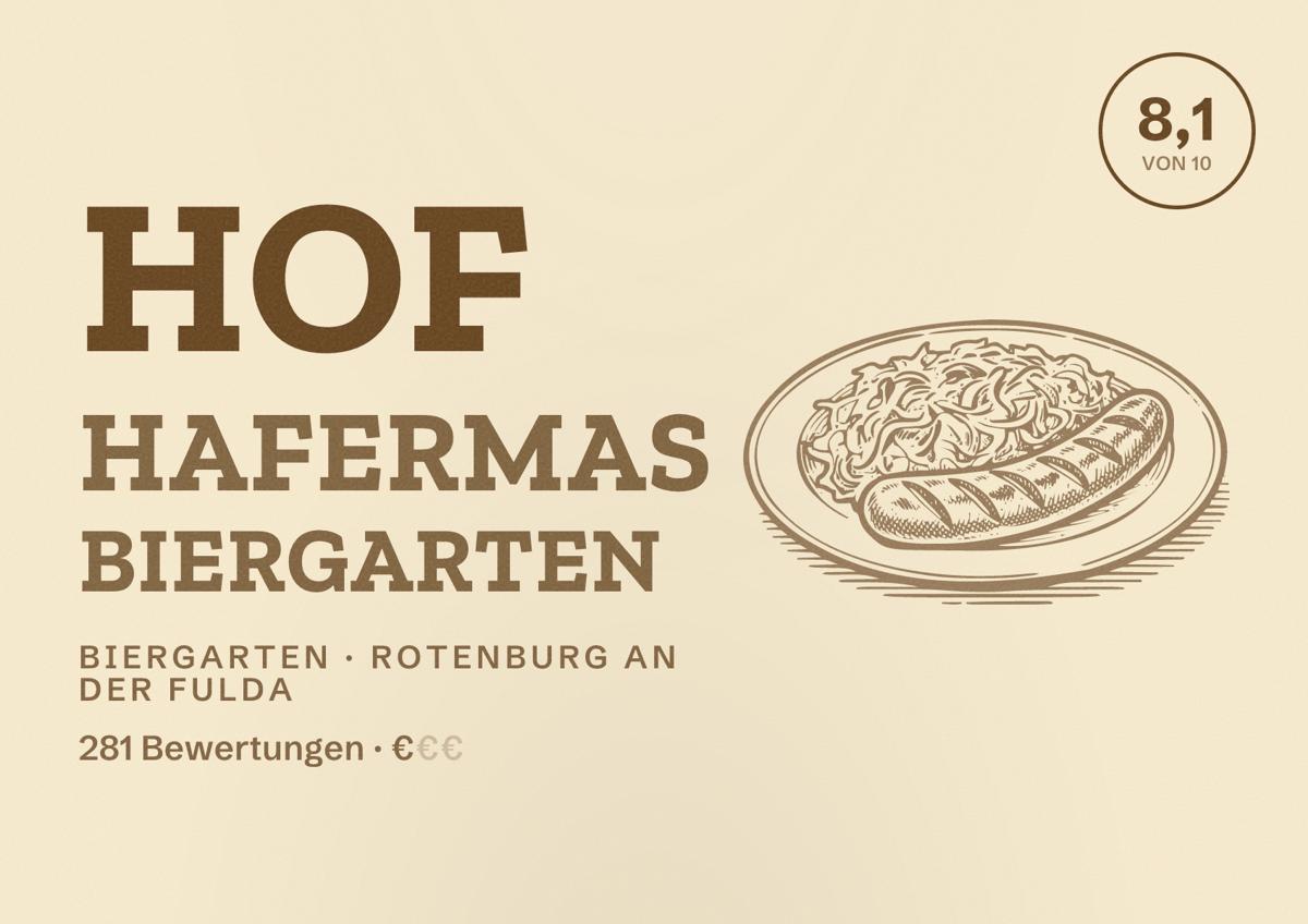 Illustriertes Poster von Hof Hafermas Biergarten, Biergarten in Rotenburg an der Fulda: Bewertung 8,1 von 10 aus 281 Bewertungen, Preisniveau €