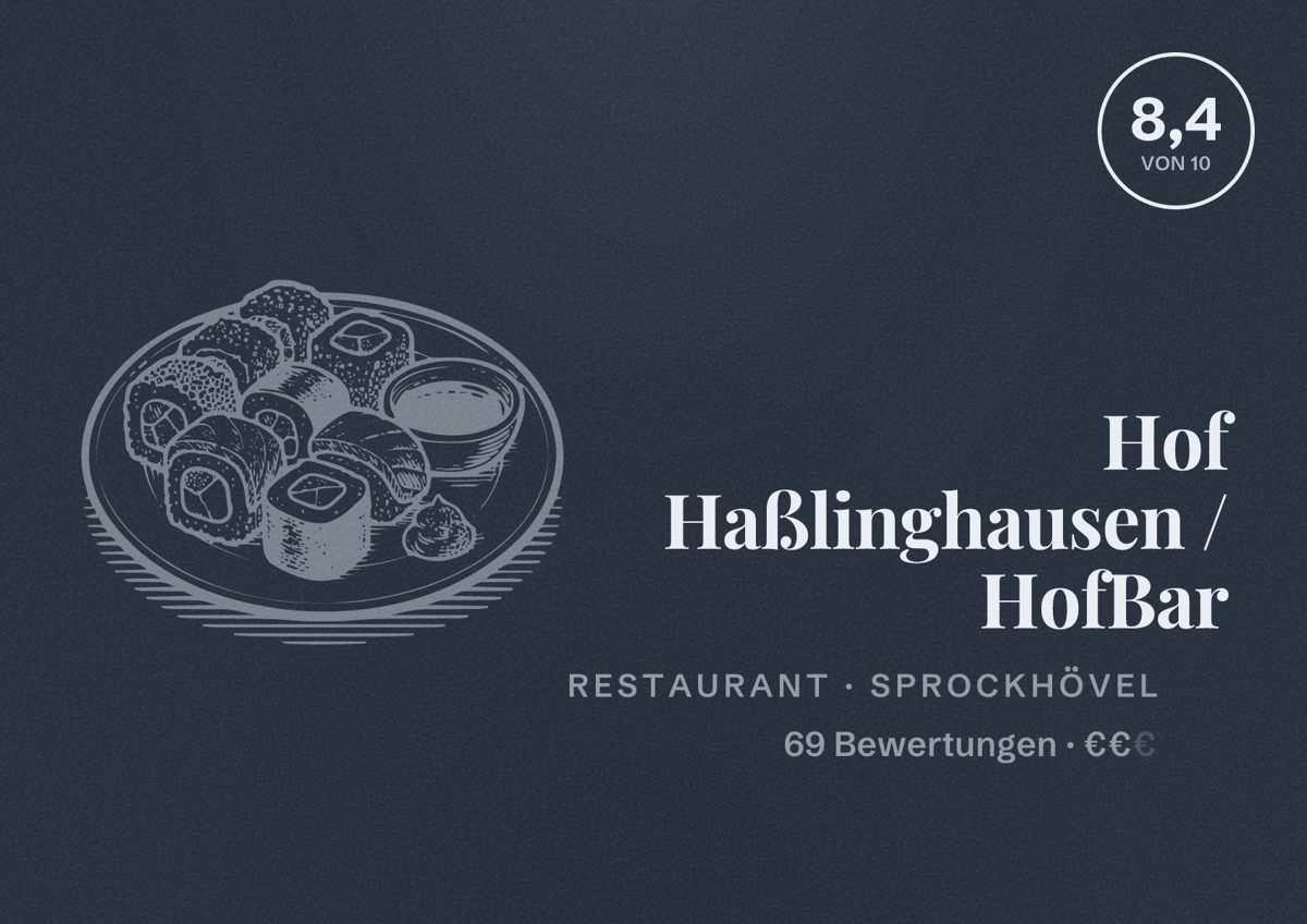 Illustriertes Poster von Hof Haßlinghausen / HofBar, Restaurant in Sprockhövel: Bewertung 8,4 von 10 aus 69 Bewertungen, Preisniveau €€