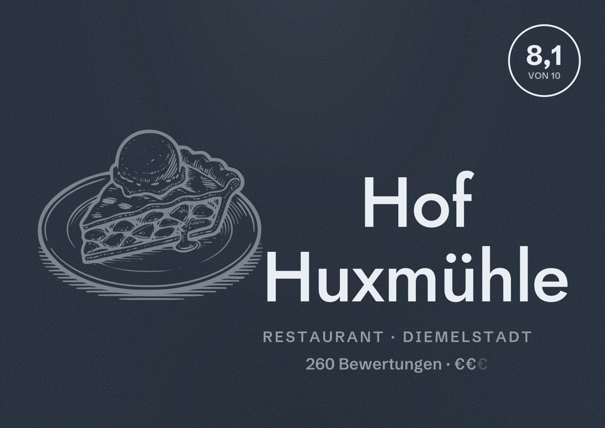 Illustriertes Poster von Hof Huxmühle, Restaurant in Diemelstadt: Bewertung 8,1 von 10 aus 260 Bewertungen, Preisniveau €€