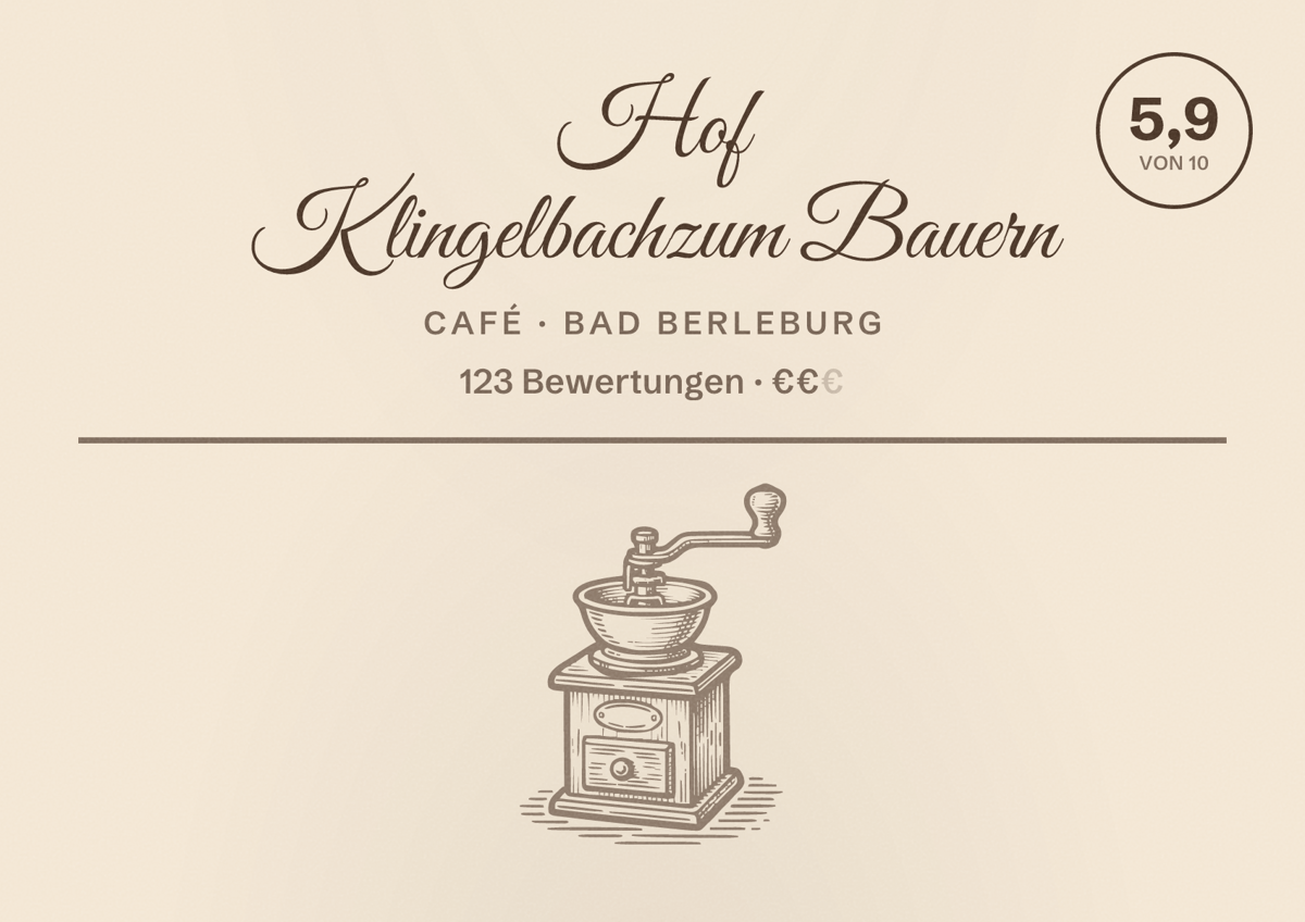 Illustriertes Poster von Hof Klingelbach zum Bauern, Café in Bad Berleburg: Bewertung 5,9 von 10 aus 123 Bewertungen, Preisniveau €€