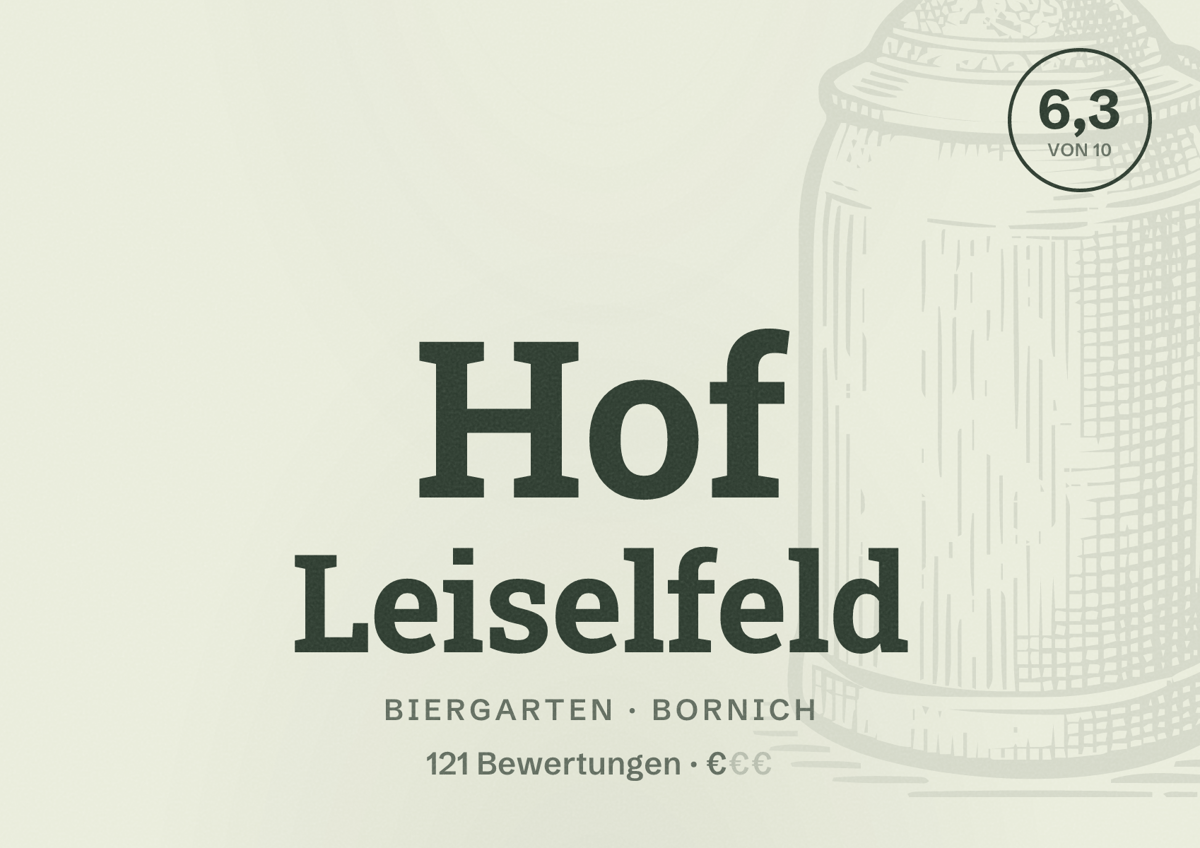 Illustriertes Poster von Hof Leiselfeld, Biergarten in Bornich: Bewertung 6,3 von 10 aus 121 Bewertungen, Preisniveau €