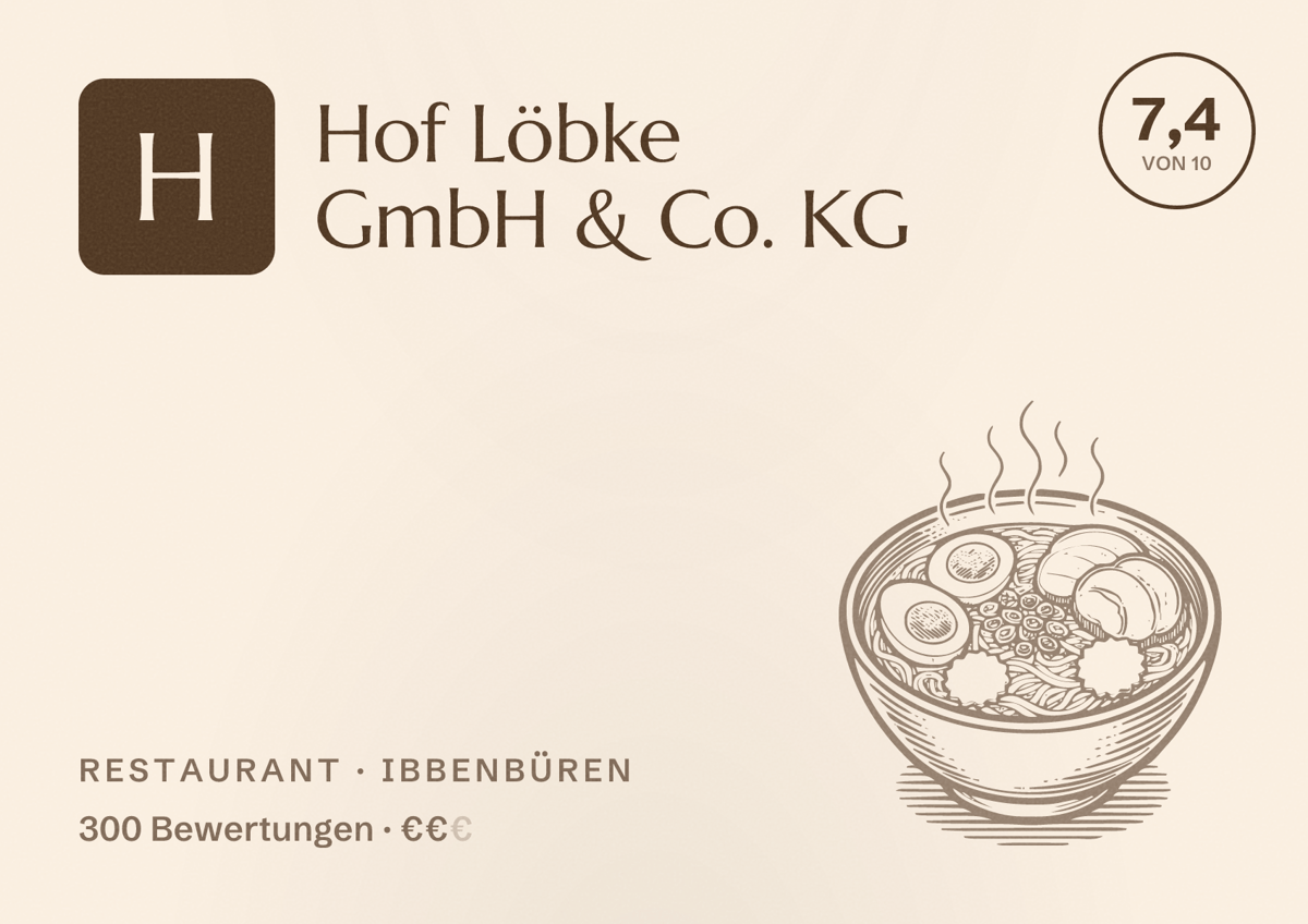 Illustriertes Poster von Hof Löbke GmbH & Co. KG, Restaurant in Ibbenbüren: Bewertung 7,4 von 10 aus 300 Bewertungen, Preisniveau €€