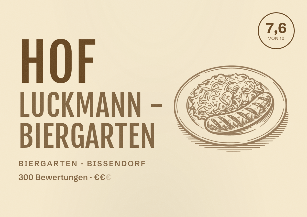 Illustriertes Poster von Hof Luckmann - Biergarten, Biergarten in Bissendorf: Bewertung 7,6 von 10 aus 300 Bewertungen, Preisniveau €€