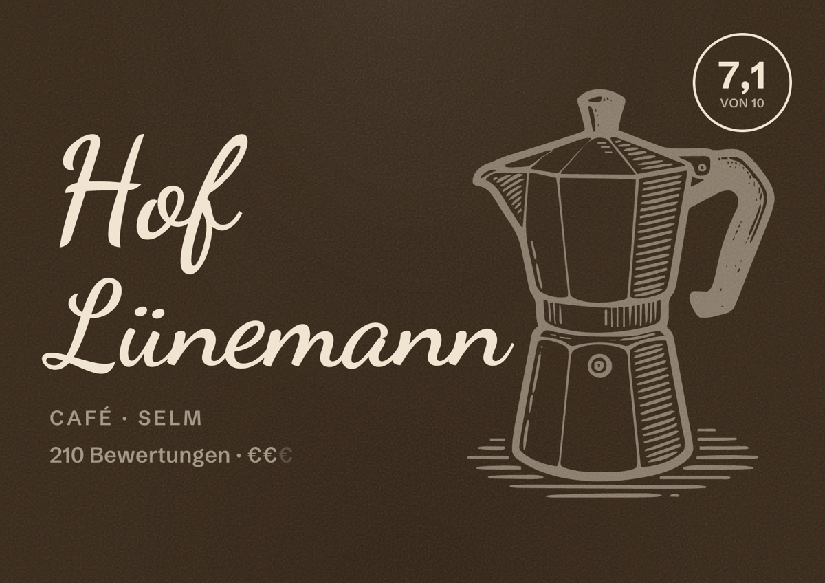 Illustriertes Poster von Hof Lünemann, Café in Selm: Bewertung 7,1 von 10 aus 210 Bewertungen, Preisniveau €€
