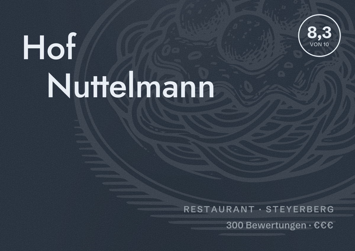 Illustriertes Poster von Hof Nuttelmann, Restaurant in Steyerberg: Bewertung 8,3 von 10 aus 300 Bewertungen, Preisniveau €€€