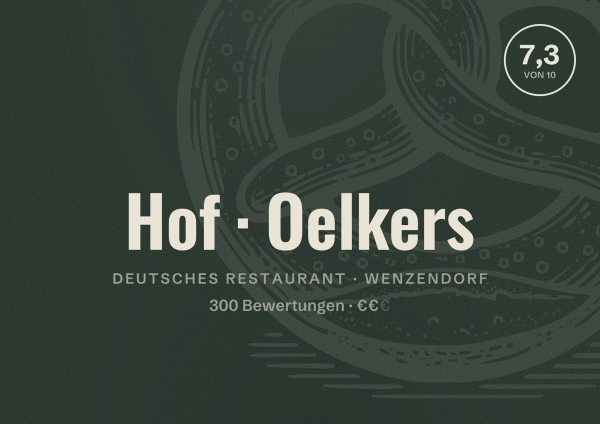 Illustriertes Poster von Hof Oelkers, Deutsches Restaurant in Wenzendorf: Bewertung 7,3 von 10 aus 300 Bewertungen, Preisniveau €€