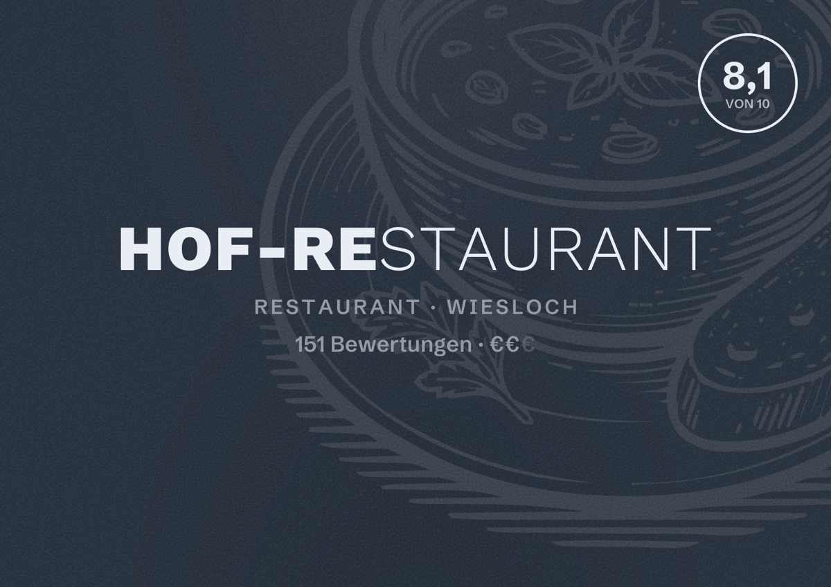 Illustriertes Poster von Hof-Restaurant, Restaurant in Wiesloch: Bewertung 8,1 von 10 aus 151 Bewertungen, Preisniveau €€