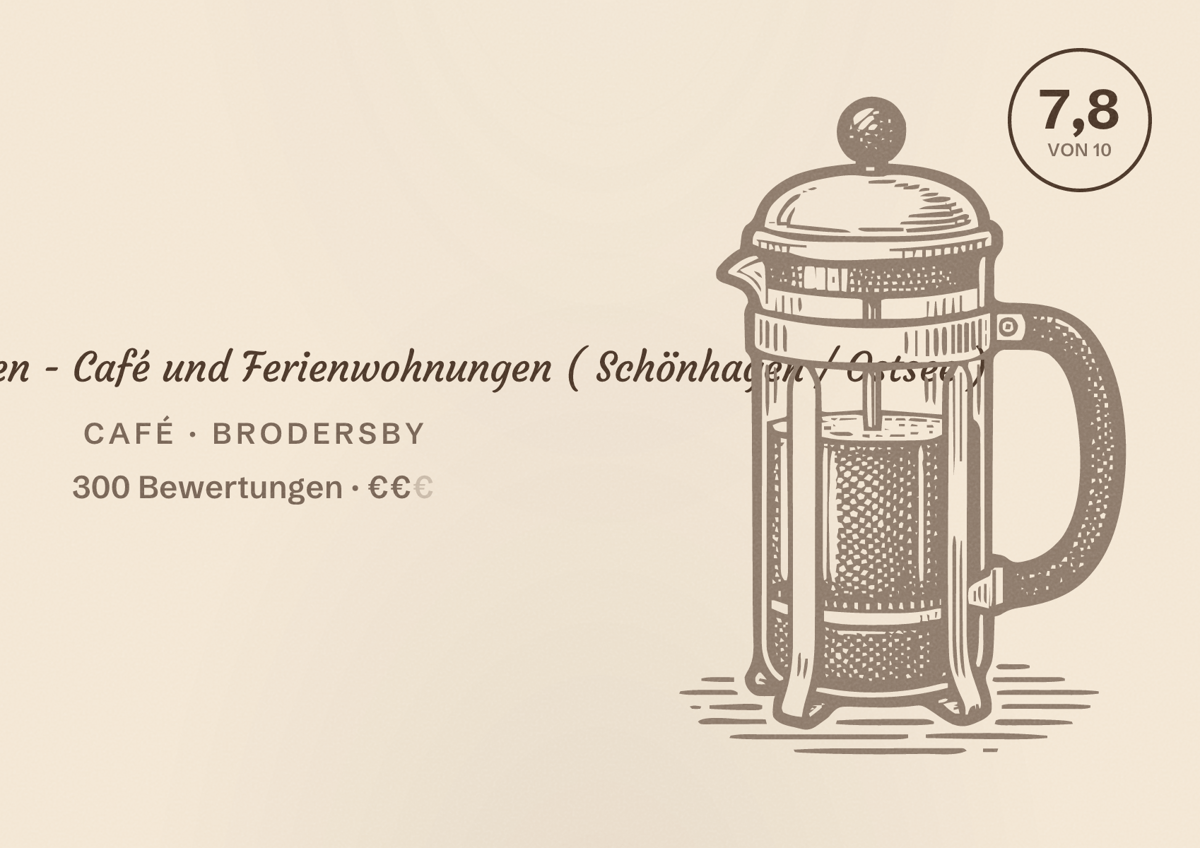 Illustriertes Poster von Hof Schwansen - Café und Ferienwohnungen ( Schönhagen / Ostsee ), Café in Brodersby: Bewertung 7,8 von 10 aus 300 Bewertungen, Preisniveau €€