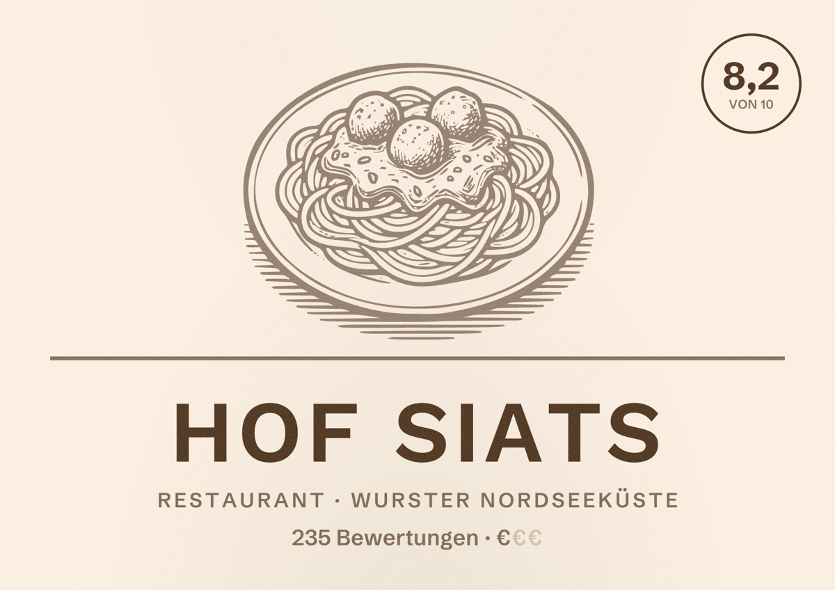 Illustriertes Poster von Hof Siats, Restaurant in Wurster Nordseeküste: Bewertung 8,2 von 10 aus 235 Bewertungen, Preisniveau €