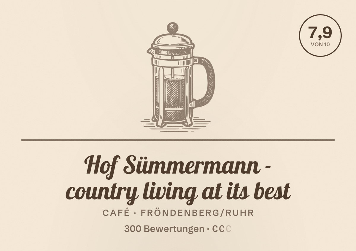 Illustriertes Poster von Hof Sümmermann - country living at its best, Café in Fröndenberg/Ruhr: Bewertung 7,9 von 10 aus 300 Bewertungen, Preisniveau €€