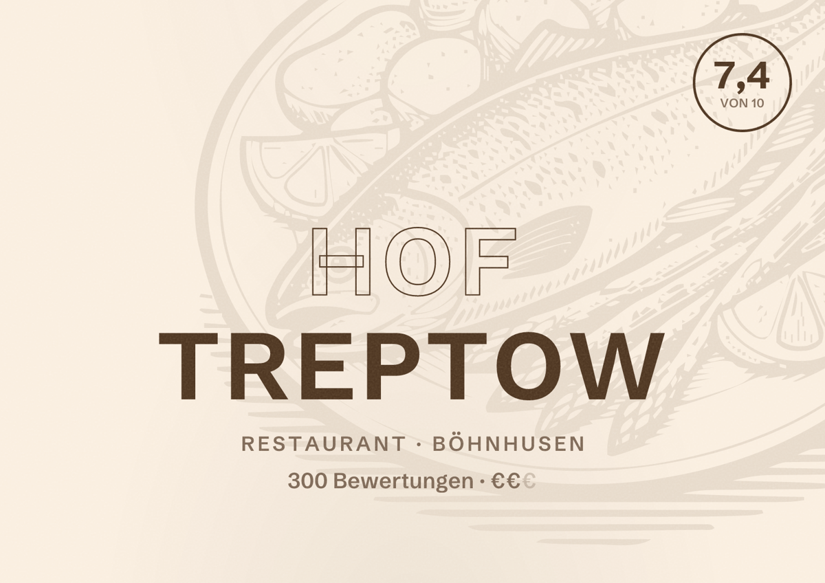 Illustriertes Poster von Hof Treptow, Restaurant in Böhnhusen: Bewertung 7,4 von 10 aus 300 Bewertungen, Preisniveau €€