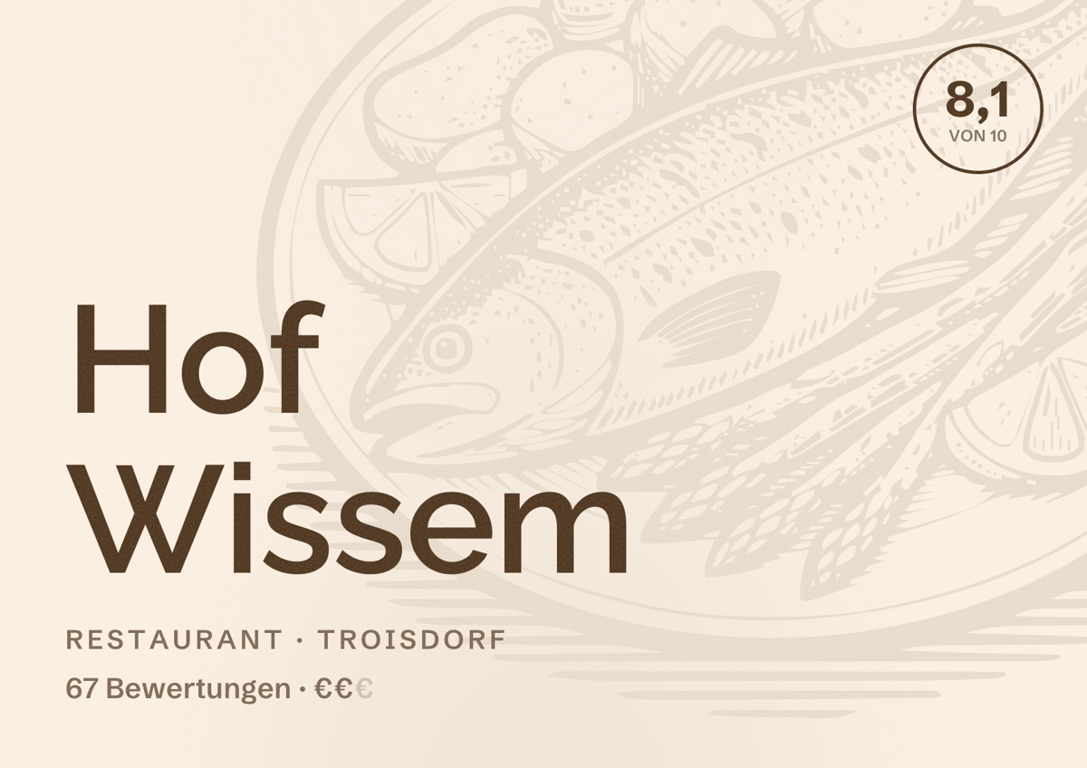 Illustriertes Poster von Hof Wissem, Restaurant in Troisdorf: Bewertung 8,1 von 10 aus 67 Bewertungen, Preisniveau €€