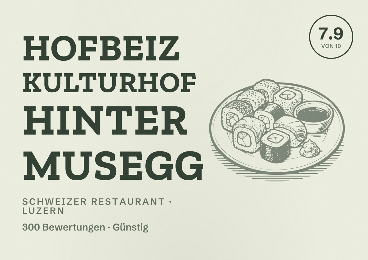 Illustriertes Poster von Hofbeiz Kulturhof Hinter Musegg, Schweizer Restaurant in Luzern: Bewertung 7.9 von 10 aus 300 Bewertungen, Preisniveau Günstig