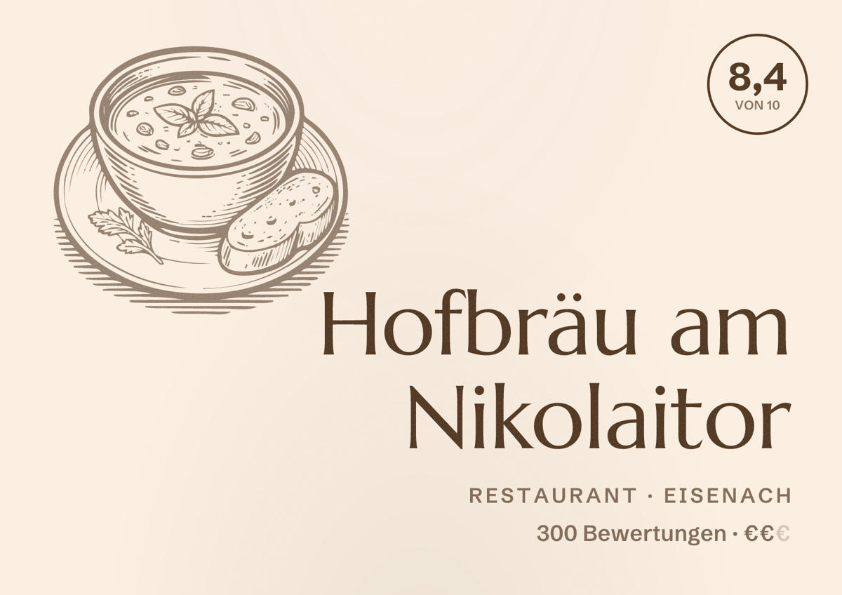Illustriertes Poster von Hofbräu am Nikolaitor, Restaurant in Eisenach: Bewertung 8,4 von 10 aus 300 Bewertungen, Preisniveau €€