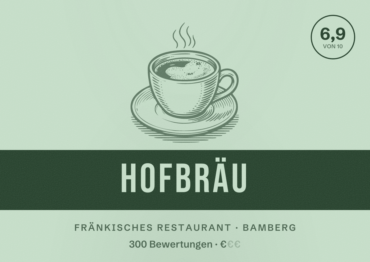 Illustriertes Poster von Hofbräu, Fränkisches Restaurant in Bamberg: Bewertung 6,9 von 10 aus 300 Bewertungen, Preisniveau €