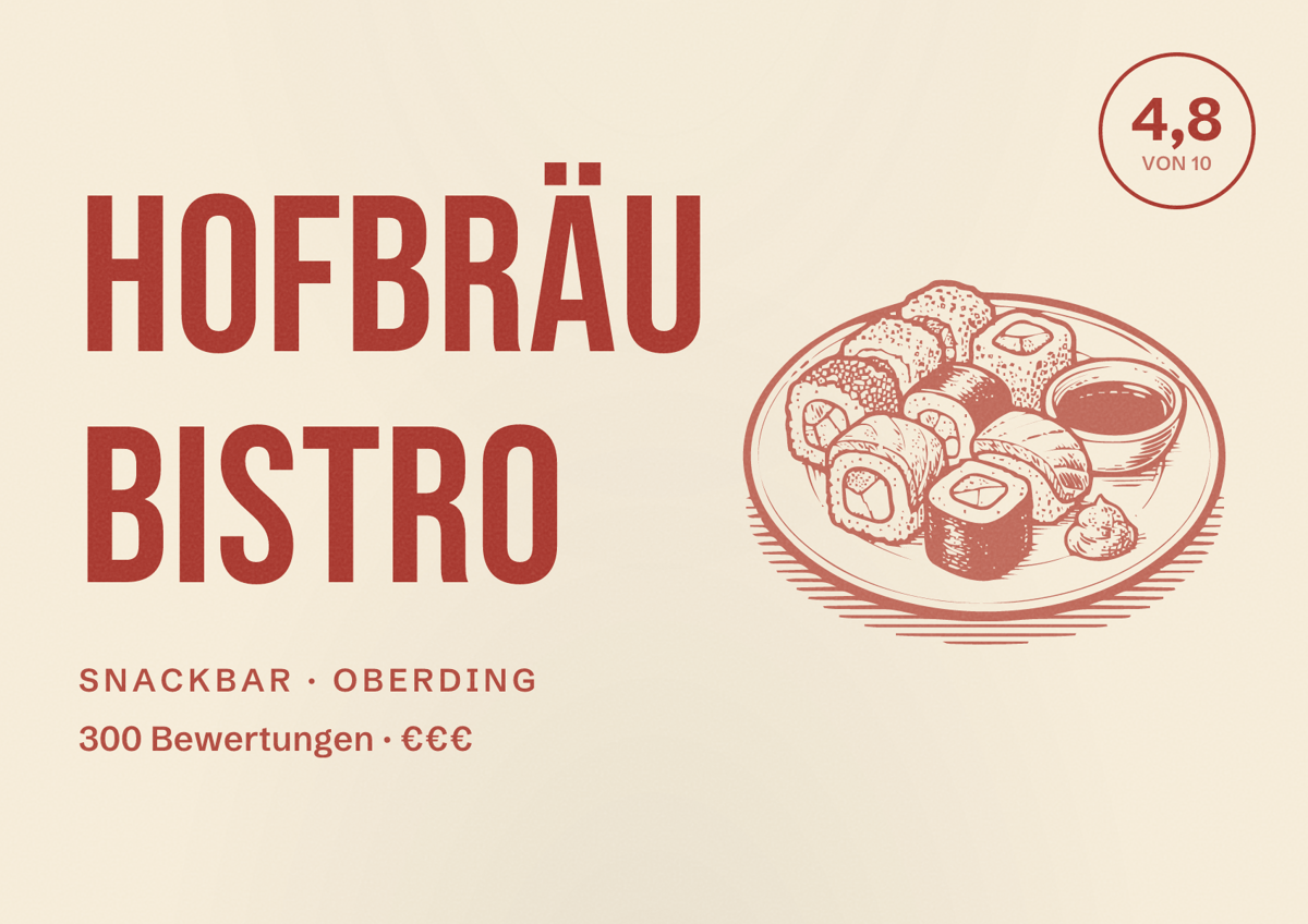 Illustriertes Poster von Hofbräu Bistro, Snackbar in Oberding: Bewertung 4,8 von 10 aus 300 Bewertungen, Preisniveau €€€
