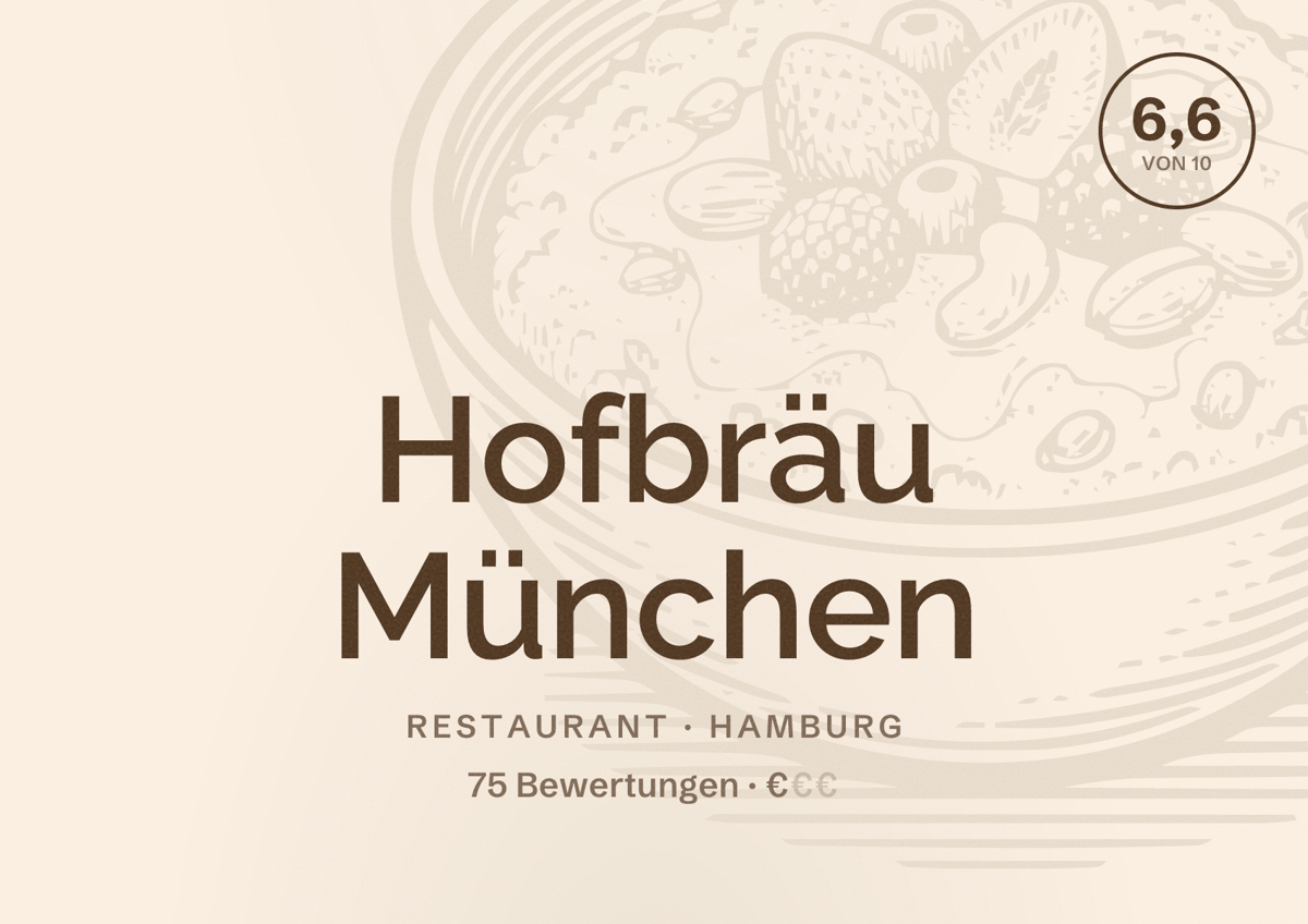 Illustriertes Poster von Hofbräu München, Restaurant in Hamburg: Bewertung 6,6 von 10 aus 75 Bewertungen, Preisniveau €