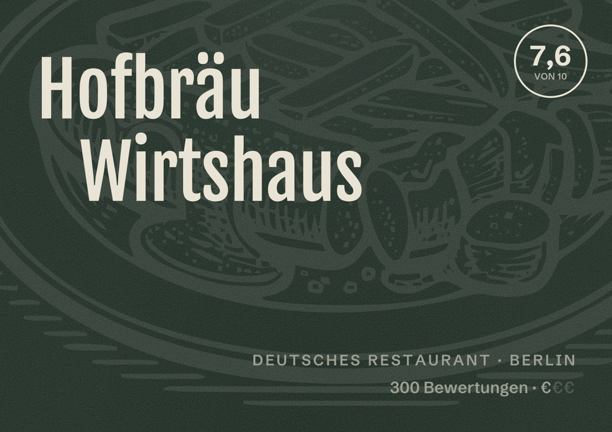 Illustriertes Poster von Hofbräu Wirtshaus, Deutsches Restaurant in Berlin: Bewertung 7,6 von 10 aus 300 Bewertungen, Preisniveau €