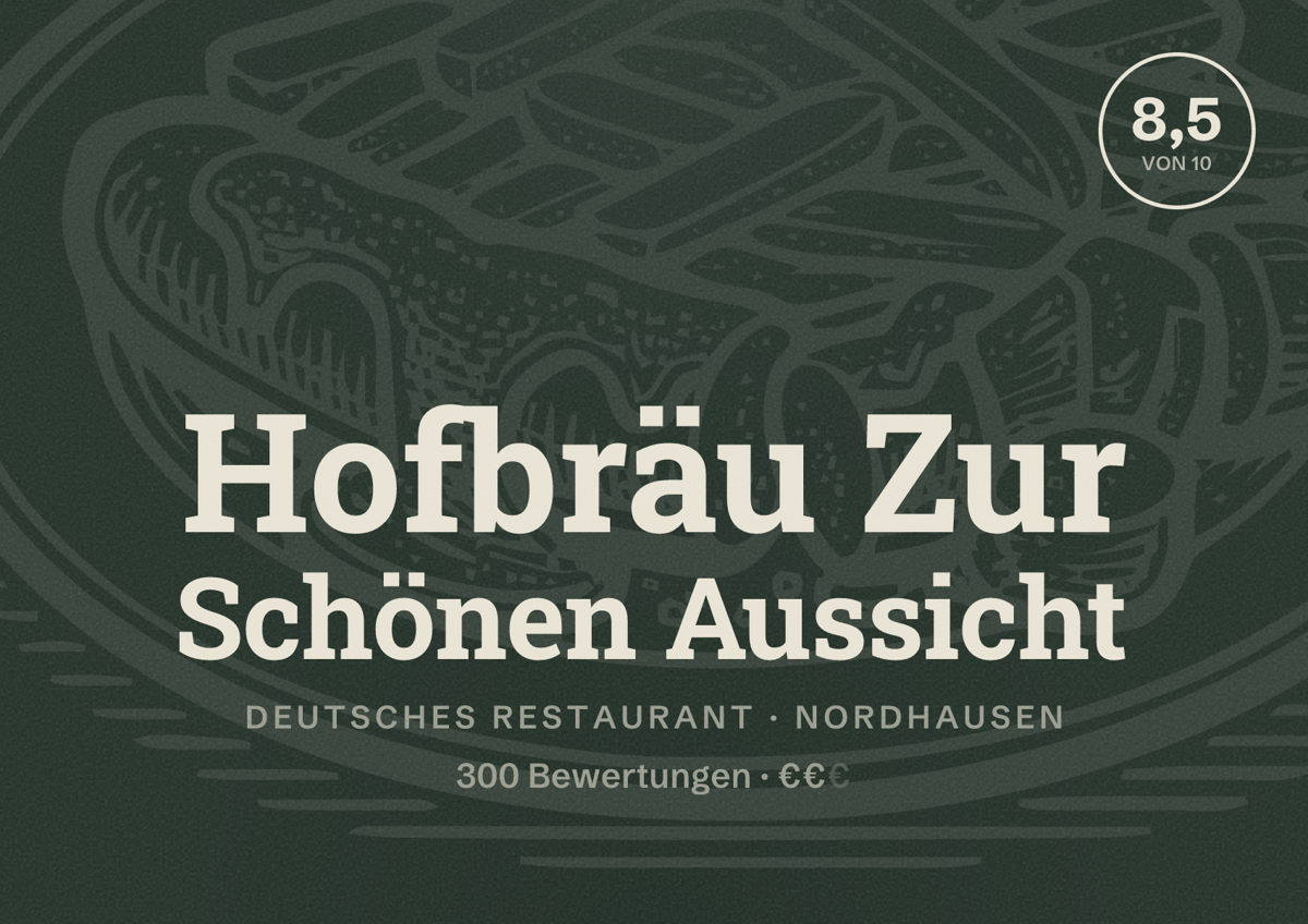 Illustriertes Poster von Hofbräu Zur Schönen Aussicht, Deutsches Restaurant in Nordhausen: Bewertung 8,5 von 10 aus 300 Bewertungen, Preisniveau €€