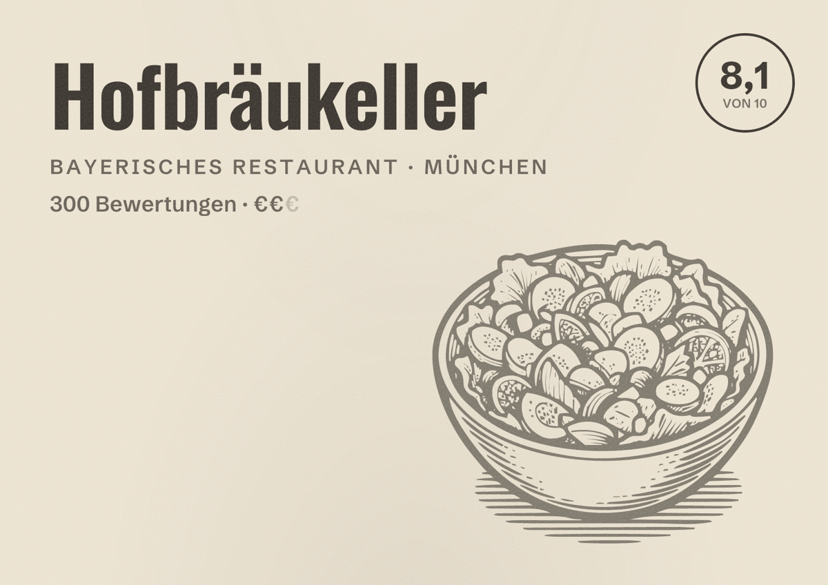 Illustriertes Poster von Hofbräukeller, Bayerisches Restaurant in München: Bewertung 8,1 von 10 aus 300 Bewertungen, Preisniveau €€