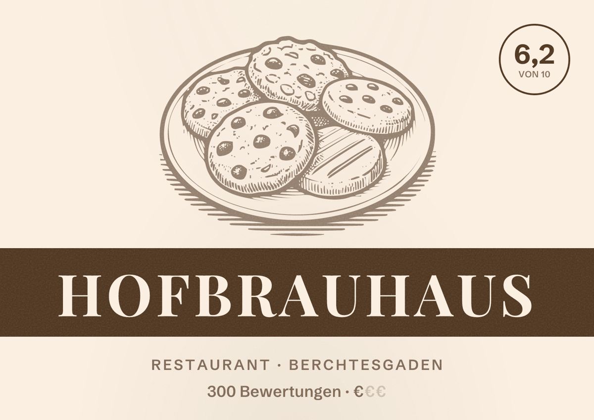 Illustriertes Poster von Hofbrauhaus, Restaurant in Berchtesgaden: Bewertung 6,2 von 10 aus 300 Bewertungen, Preisniveau €